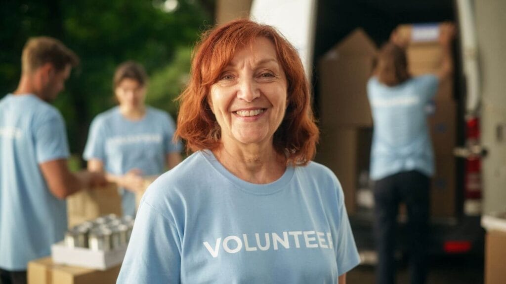 An older adult woman wearing a shirt that reads "volunteer" is smiling at the camera.