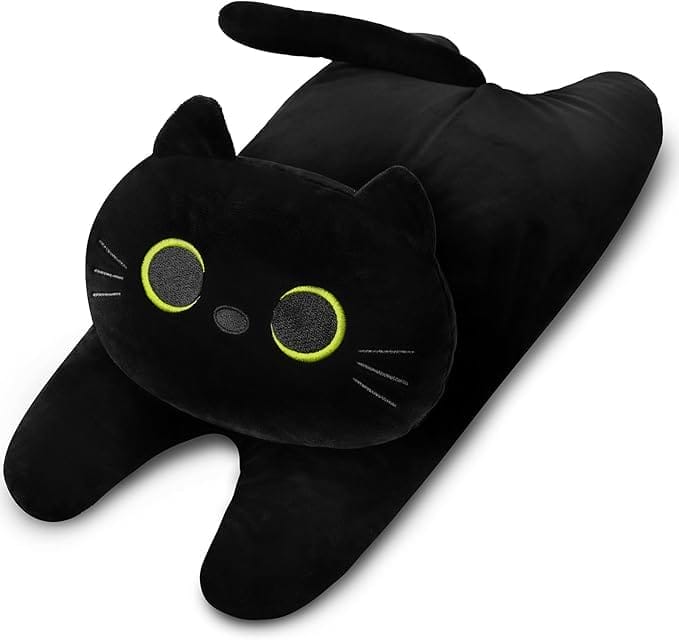 Product image of a cat-shaped pillow-type heating pad.