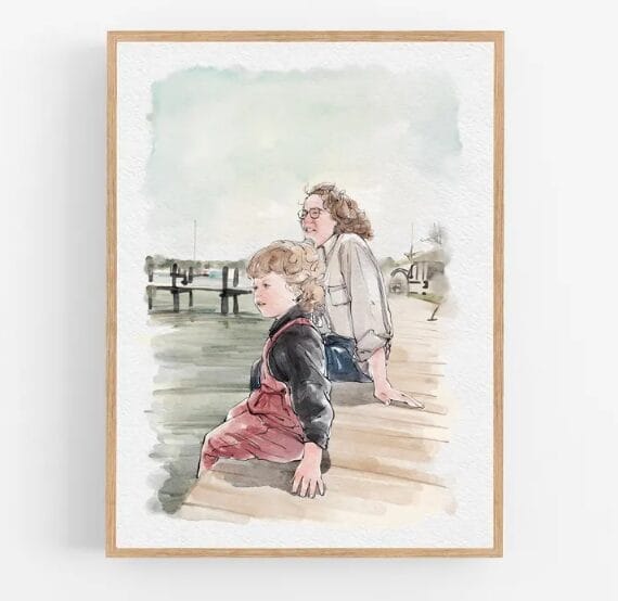 Product image of a vignette-style watercolor painting of a young girl and woman sitting at the edge of a dock, dangling their feet into the water below. The painting is framed in a thin, light wood frame.