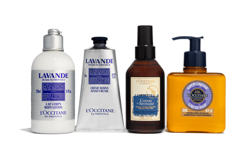 Photo of bottles of body lotion, hand cream, pillow spray, and liquid soap from L'Occitane en Provence