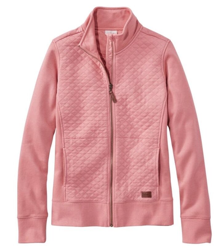 Product image of a pink sweatshirt with long sleeves, full-zip front, pockets, and quilted front chest panels.